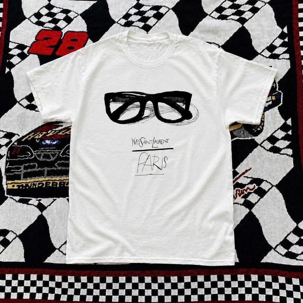 White Yves Saint Laurent Paris Graphic Tee With Black Glasses